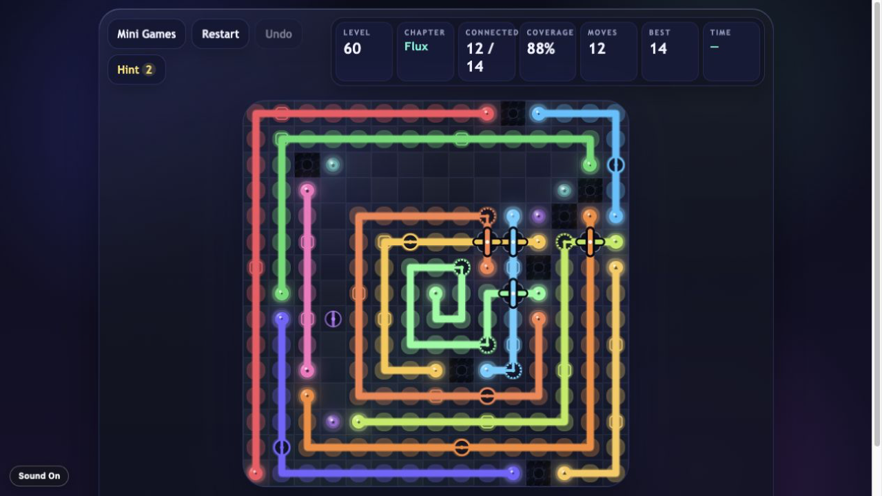 Flow Lines Flux gameplay with perpendicular overpasses, route gates, relays, and void cells