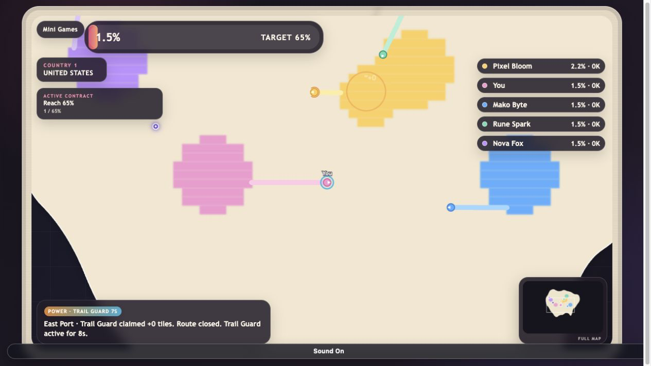 Paper Arena Country Conquest gameplay with an exposed trail, Trail Guard power, rivals, and full-map minimap