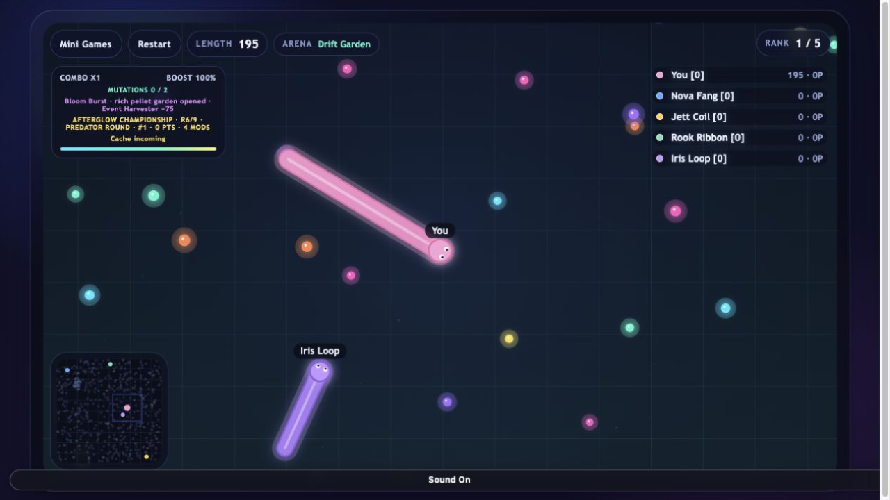 Snake Arena Afterglow Championship gameplay with a persistent crew build, rivals, arena event, and minimap
