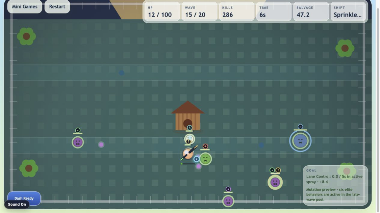 Yard Shift late-wave gameplay with mutated elites, visible combat badges, a Bulwark shield, and active sprinkler lanes
